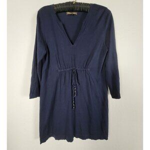 Tommy Bahama Womens Navy V-Neck Tunic Top Large 3/4 Sleeve Silk Cotton